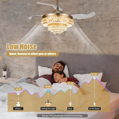 Retractable Crystal Ceiling Fan Light 42" Gold LED Chandelier with Remote Dimmable 3-Color Modes Quiet & Elegant for Modern Interiors - Nova Electronics