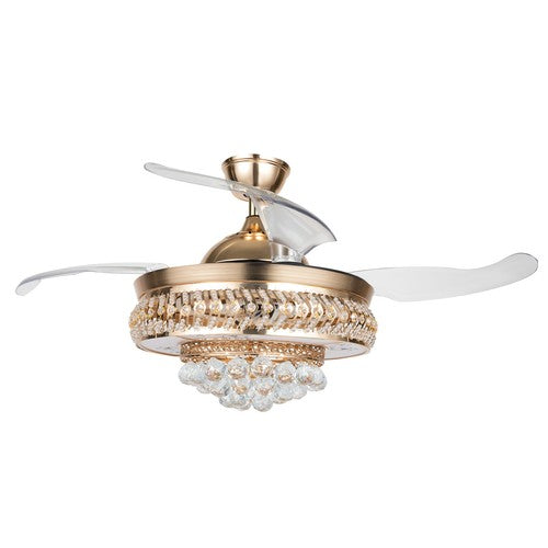 Retractable Crystal Ceiling Fan Light 42" Gold LED Chandelier with Remote Dimmable 3-Color Modes Quiet & Elegant for Modern Interiors - Nova Electronics