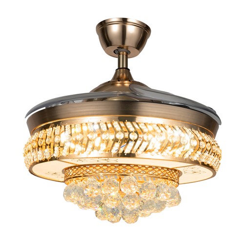 Retractable Crystal Ceiling Fan Light 42" Gold LED Chandelier with Remote Dimmable 3-Color Modes Quiet & Elegant for Modern Interiors - Nova Electronics
