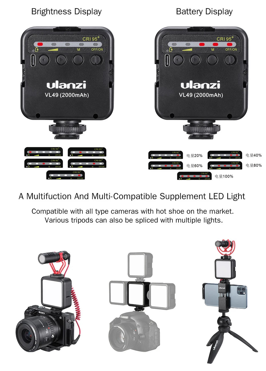 Ulanzi VL49 6W Mini Vlog LED Fill Light White 2000mAh 5500K Zoom Lighting Photographic Lighting Video Phone Selfie Fill Lamps