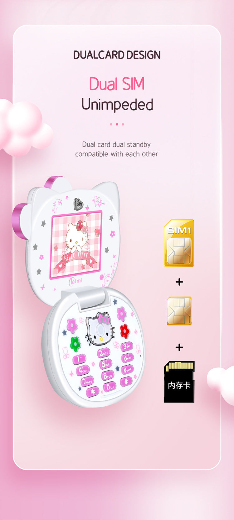 2024 New Kawaii Sanrio Hello Kitty Flip Phone Cartoon Cute Children White Pink Mini Phone Birthday Gifts For Kids Toys For Girls