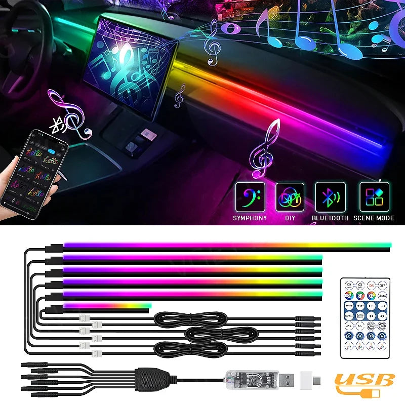 10/6/4/2/1 IN 1 Car Full RGB LED Ambient Rainbow Light Strip/ USB Dream Symphon music Atmosphere Lamp with App Remote Control