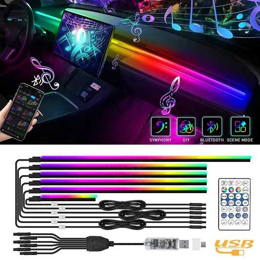 RGB LED Car Atmosphere Strip 75cm - 16 Million Colors Music Sync Interior Lighting with Bluetooth App Control for Dashboard Console Door Ambient Lighting Gaming Setup Universal Fit
