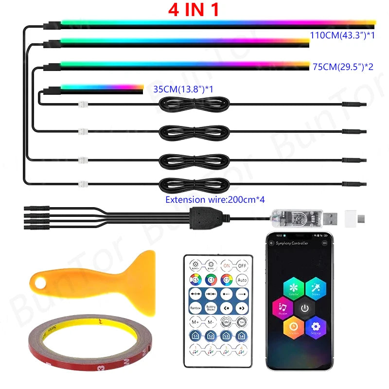 10/6/4/2/1 IN 1 Car Full RGB LED Ambient Rainbow Light Strip/ USB Dream Symphon music Atmosphere Lamp with App Remote Control