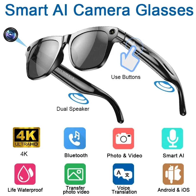 K HD AI Smart Glasses Voice Assistant ChatGPT Camera 100MP Bluetooth Calling 260mAh 30+ Hour Battery WiFi NFC Connectivity Android Compatible Hands-Free Recording Music Control Smart Eyewear
