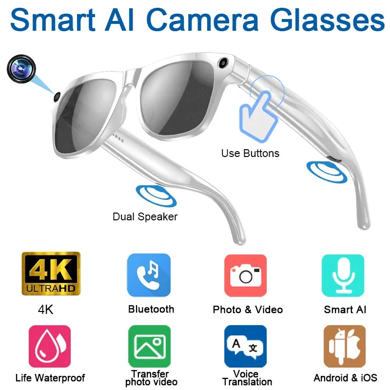 K HD AI Smart Glasses Voice Assistant ChatGPT Camera 100MP Bluetooth Calling 260mAh 30+ Hour Battery WiFi NFC Connectivity Android Compatible Hands-Free Recording Music Control Smart Eyewear