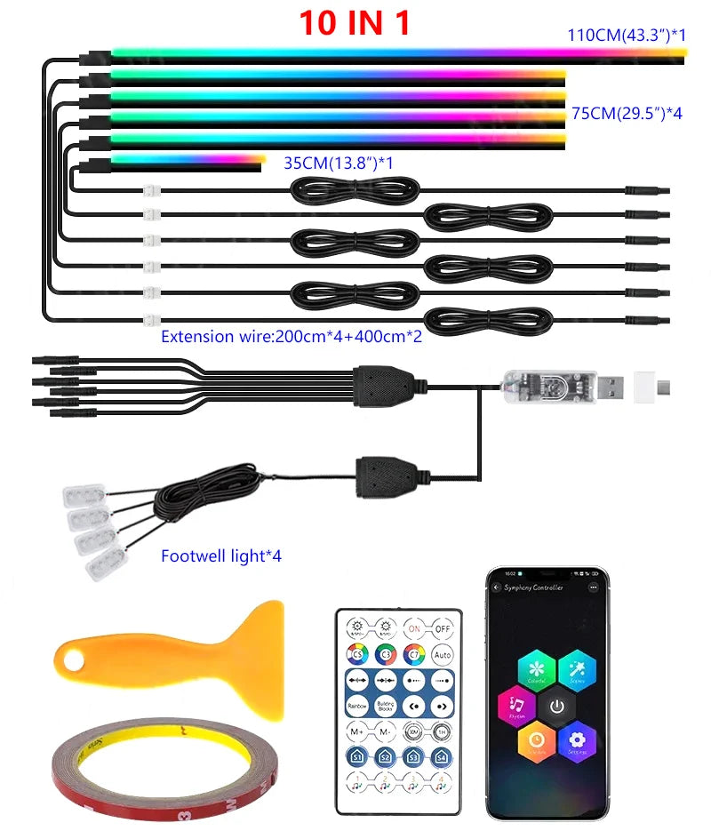 10/6/4/2/1 IN 1 Car Full RGB LED Ambient Rainbow Light Strip/ USB Dream Symphon music Atmosphere Lamp with App Remote Control