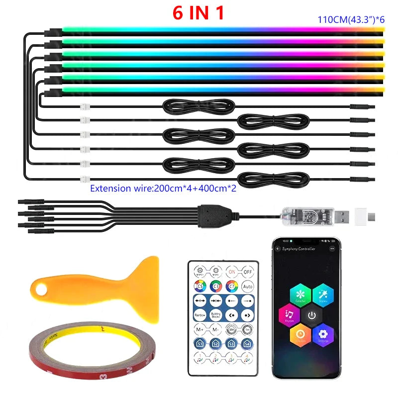 10/6/4/2/1 IN 1 Car Full RGB LED Ambient Rainbow Light Strip/ USB Dream Symphon music Atmosphere Lamp with App Remote Control