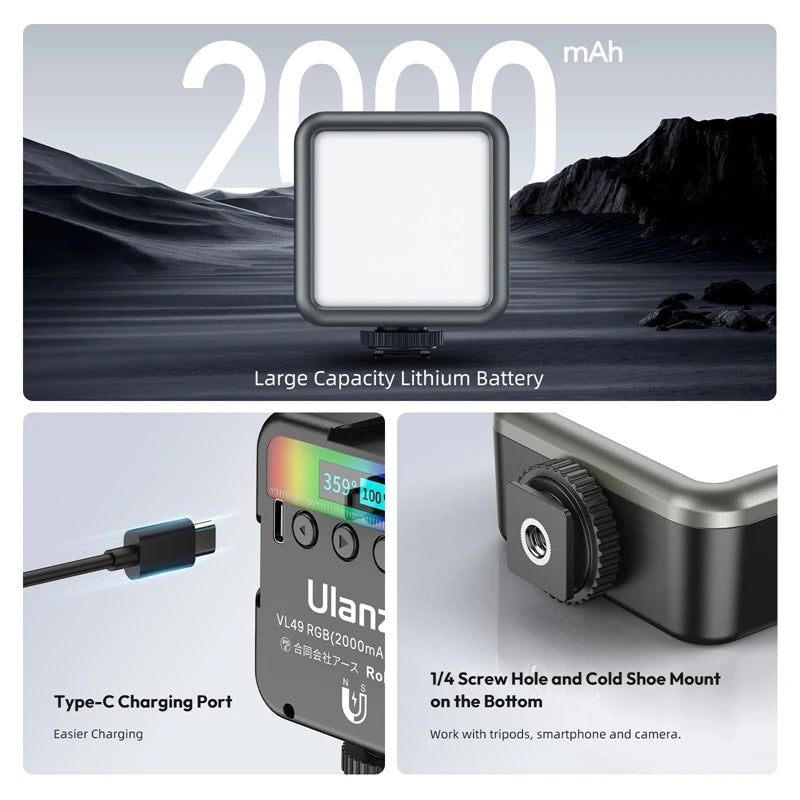 Ulanzi VL49 RGB Mini Pocket RGB Video Light Fill Light for DSLR Camera Smartphone Photography Live Streaming 2500-9000K 2000mAh