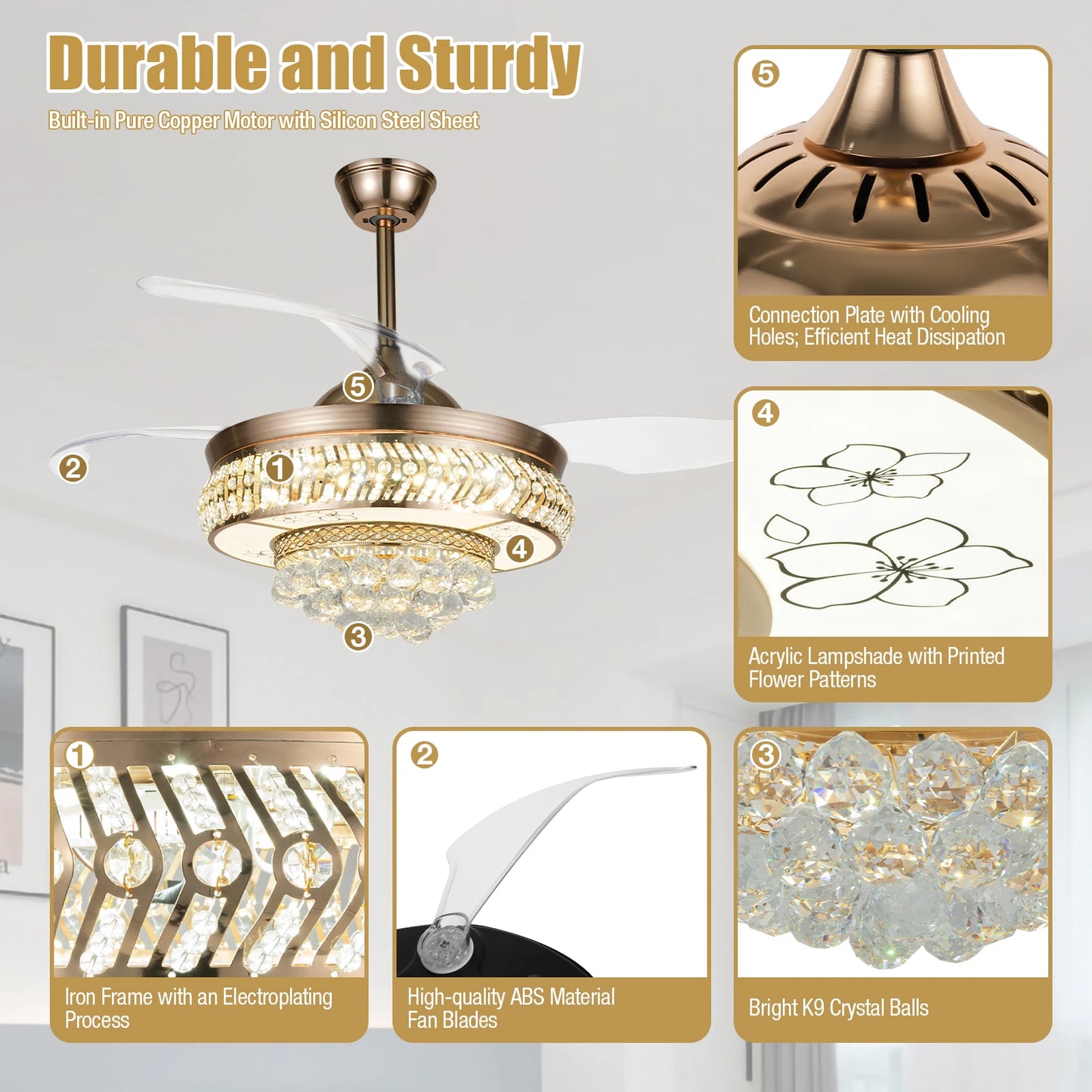 Retractable Crystal Ceiling Fan Light 42" Gold LED Chandelier with Remote Dimmable 3-Color Modes Quiet & Elegant for Modern Interiors - Nova Electronics