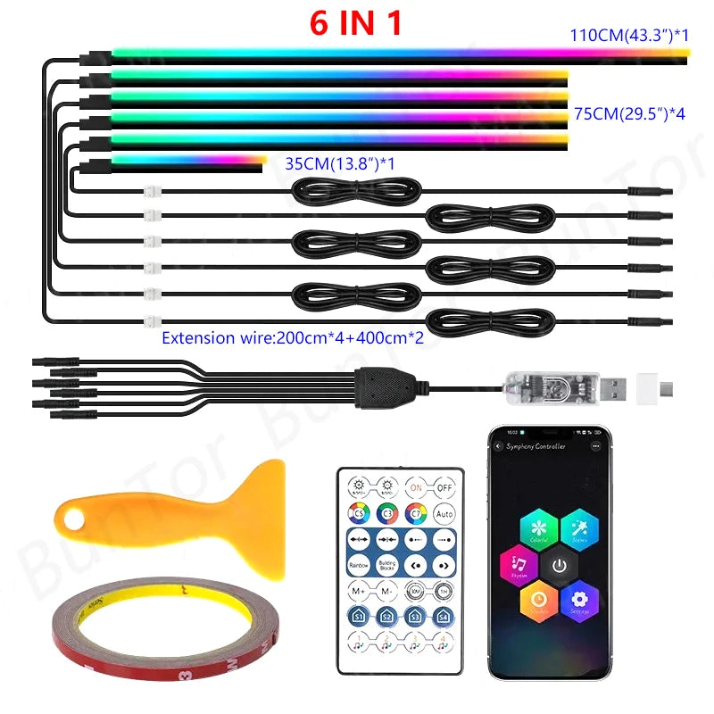 10/6/4/2/1 IN 1 Car Full RGB LED Ambient Rainbow Light Strip/ USB Dream Symphon music Atmosphere Lamp with App Remote Control