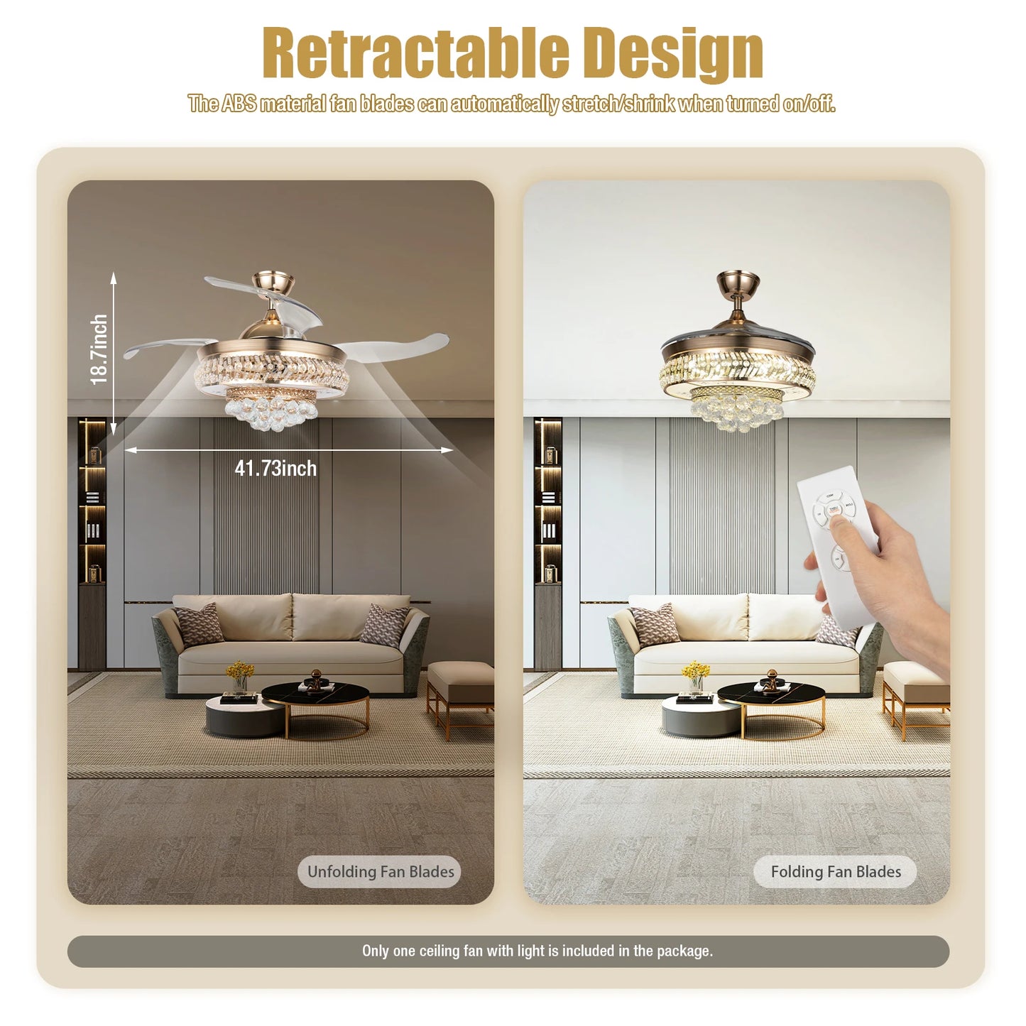 Retractable Crystal Ceiling Fan Light 42" Gold LED Chandelier with Remote Dimmable 3-Color Modes Quiet & Elegant for Modern Interiors - Nova Electronics