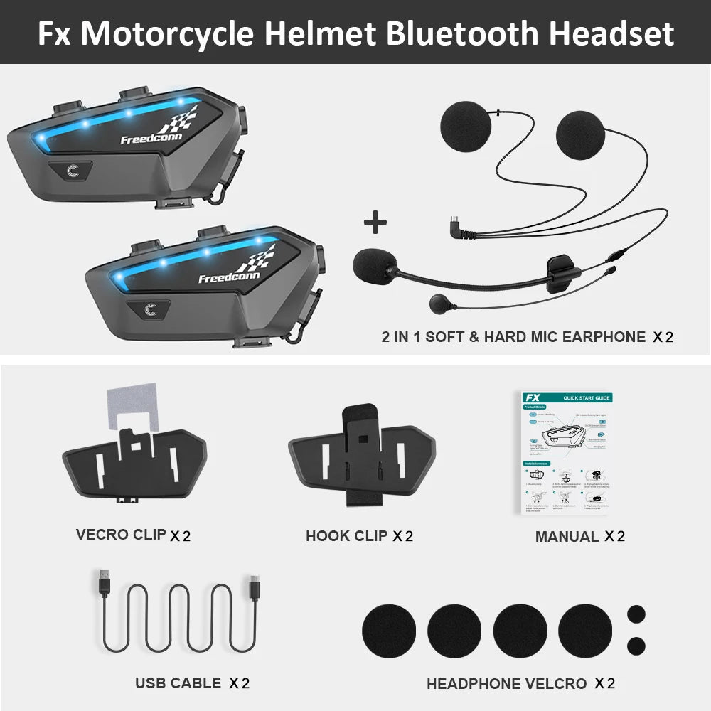 FreedConn FX Motorcycle Bluetooth Intercom Headset for 10 Riders - Crystal Clear Audio, 1.2 Mile Range, Waterproof - Nova Electronics