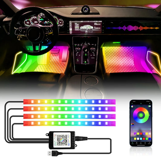 RGB Car Interior LED Light Strip - Voice Control Ambient Foot Lights with Remote, USB & Cigarette Lighter Power, Music Sync Mode for Vehicle Dashboard Floor Atmosphere Lighting