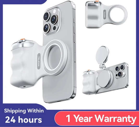 Magnetic Phone Camera Hand Grip with Bluetooth Remote & Fill Light | Ergonomic Shooting Handle for iPhone Samsung Huawei Xiaomi | Portable Tripod & Selfie Aid