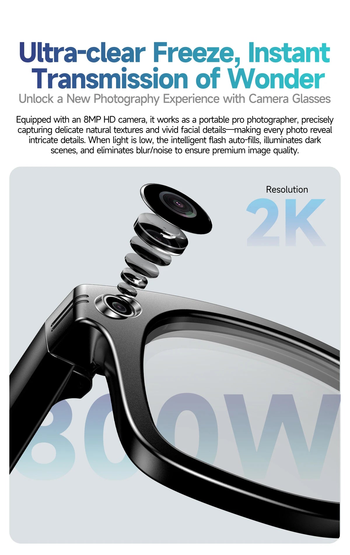 New Camera Glasses 800w Pixel 4K UHD Camera Recording Noise Reduction Ai Recognition Translation Anti Blue Light Smart Glasses