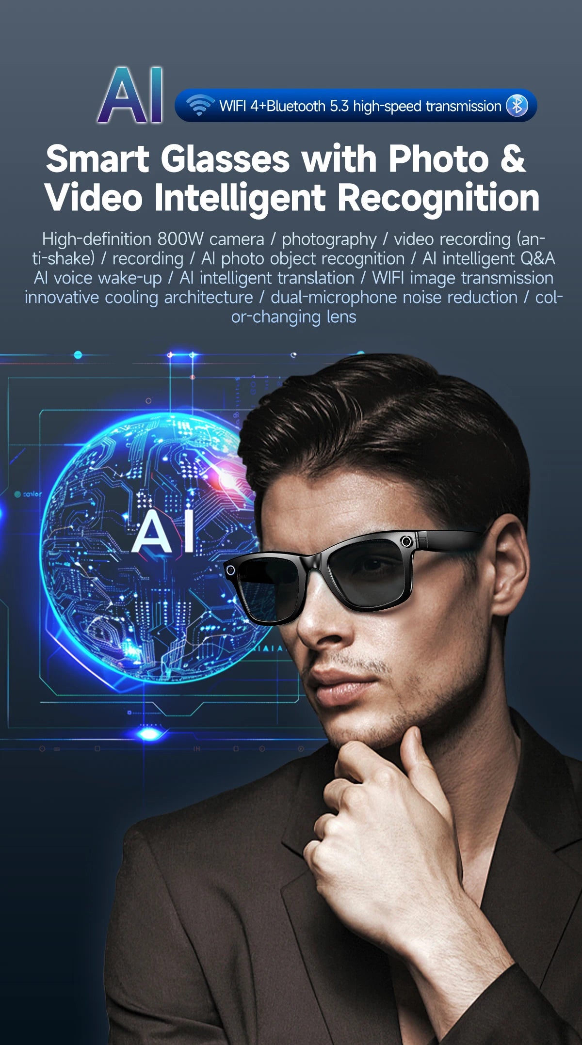 New Camera Glasses 800w Pixel 4K UHD Camera Recording Noise Reduction Ai Recognition Translation Anti Blue Light Smart Glasses