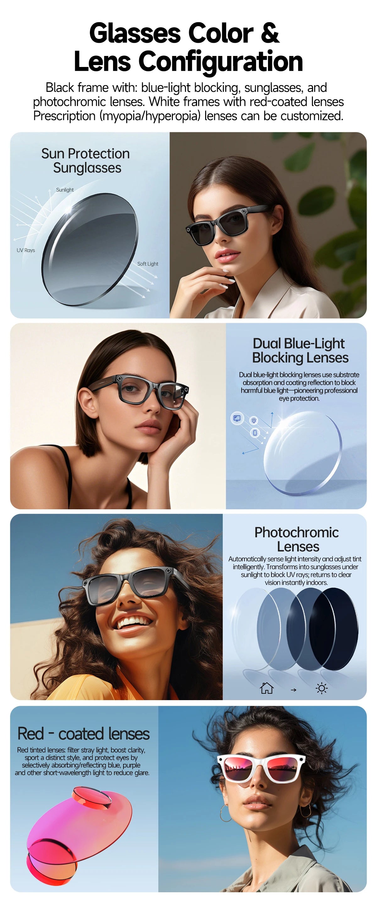 New Camera Glasses 800w Pixel 4K UHD Camera Recording Noise Reduction Ai Recognition Translation Anti Blue Light Smart Glasses