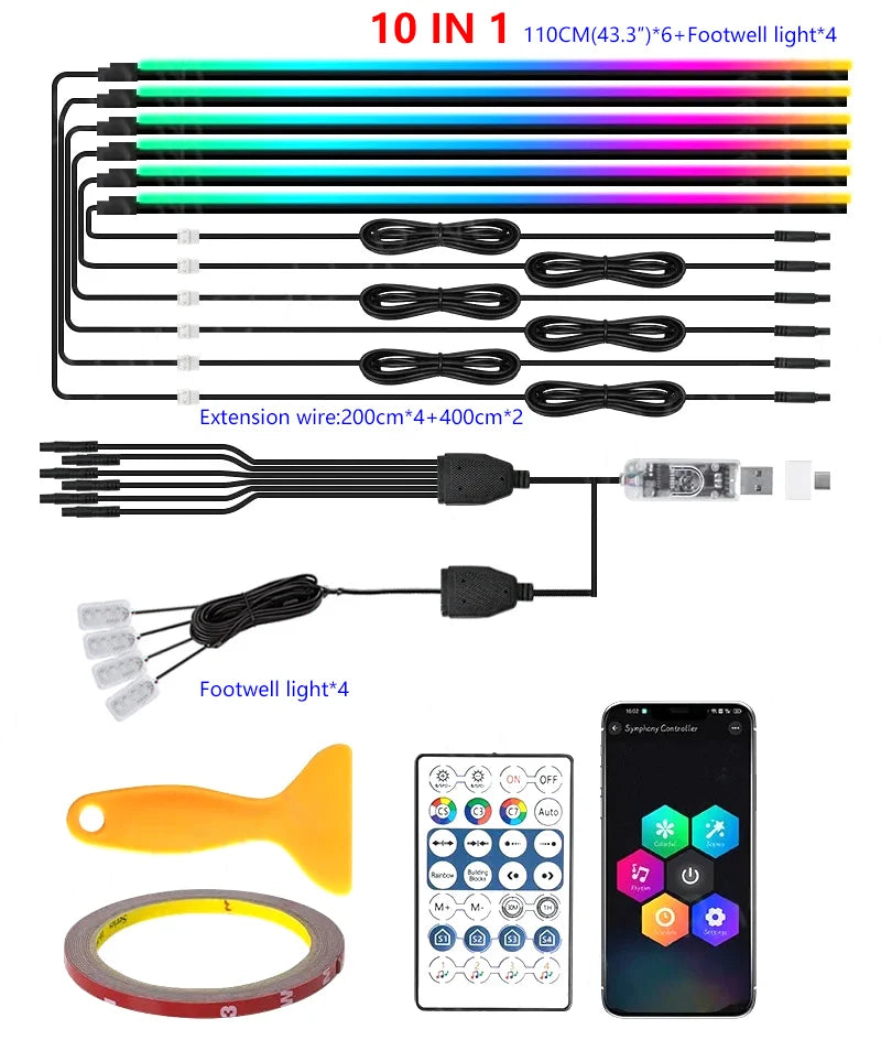 10/6/4/2/1 IN 1 Car Full RGB LED Ambient Rainbow Light Strip/ USB Dream Symphon music Atmosphere Lamp with App Remote Control