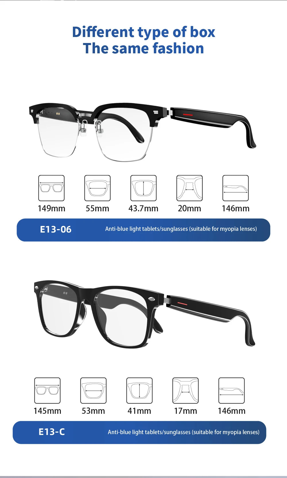 SENBONO E13 Smart Glasses with Blue Light Filter Lenses, Built-in Mic & Speakers, Touch Controls, Voice Assistant for Calls & Music, Android/iOS Compatible