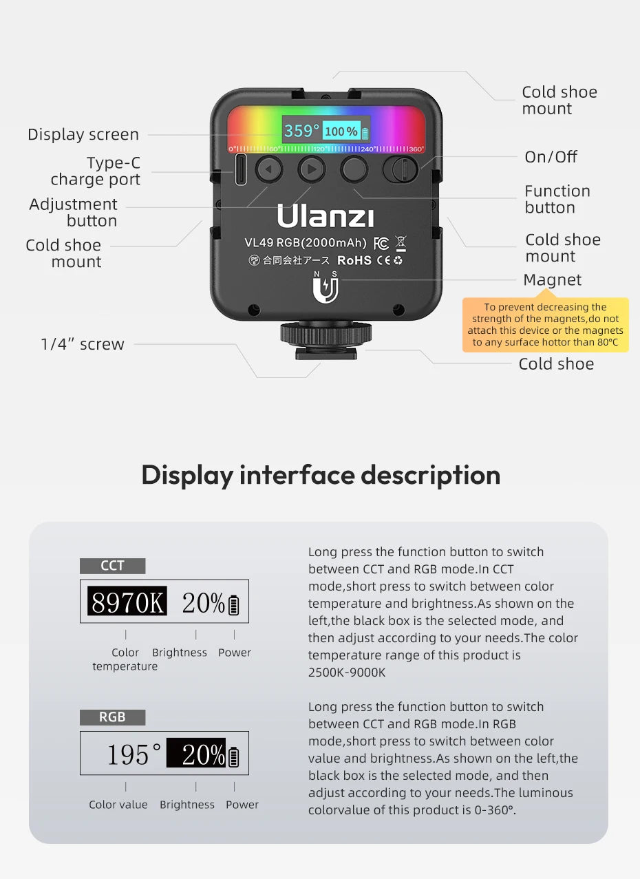 Ulanzi VL49 RGB Mini Pocket RGB Video Light Fill Light for DSLR Camera Smartphone Photography Live Streaming 2500-9000K 2000mAh