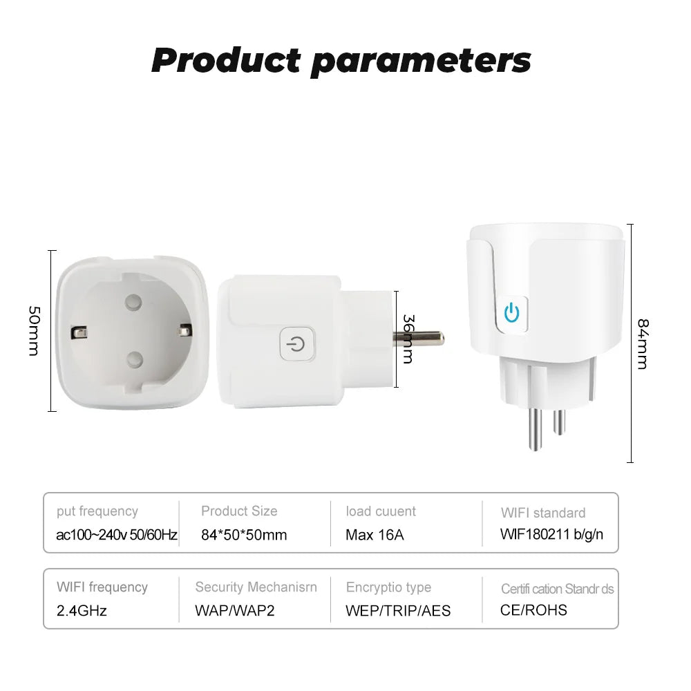Tuya Wifi Smart Socket EU Plug 16/20A Power Monitor Remote Control SmartLife APP Works with Alexa Yandex Alice Google Assistant - Nova Electronics