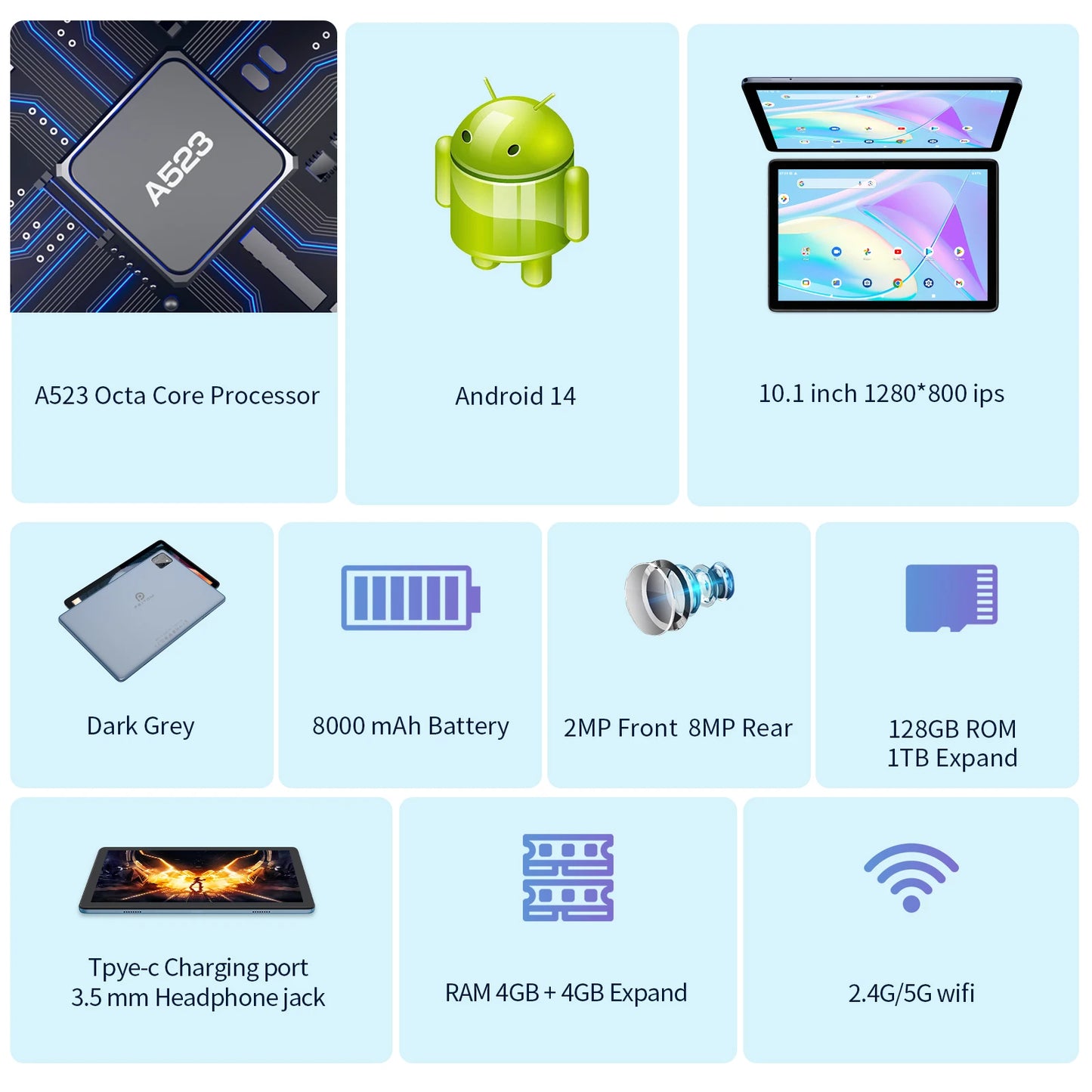 10.1" Android 14 Tablet with Keyboard & Stylus β 8GB RAM, 128GB Storage, Octa-Core, 8000mAh Battery, Dual Cameras, HD IPS Display, WiFi, Google Certified (Includes Case & Mouse) - Nova Electronics