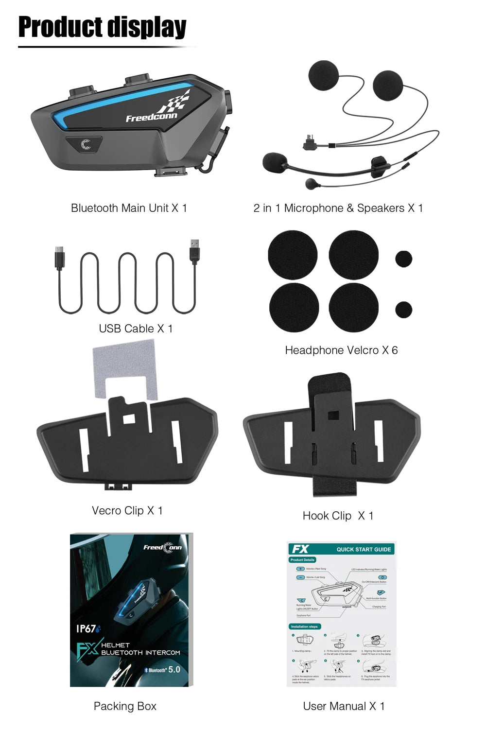 FreedConn FX Motorcycle Bluetooth Intercom Headset for 10 Riders - Crystal Clear Audio, 1.2 Mile Range, Waterproof - Nova Electronics