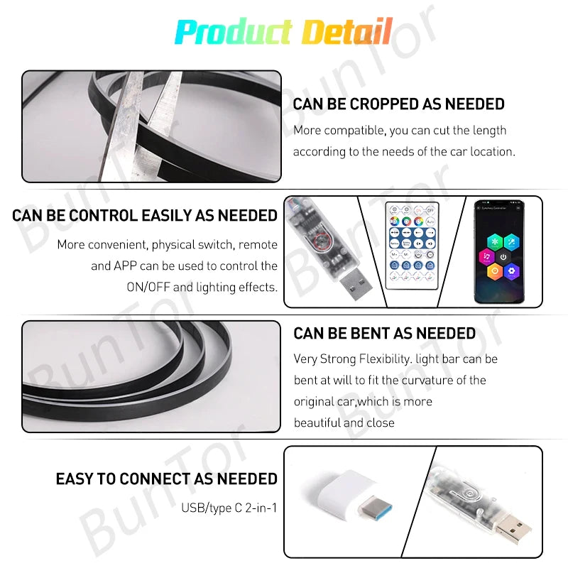 10/6/4/2/1 IN 1 Car Full RGB LED Ambient Rainbow Light Strip/ USB Dream Symphon music Atmosphere Lamp with App Remote Control