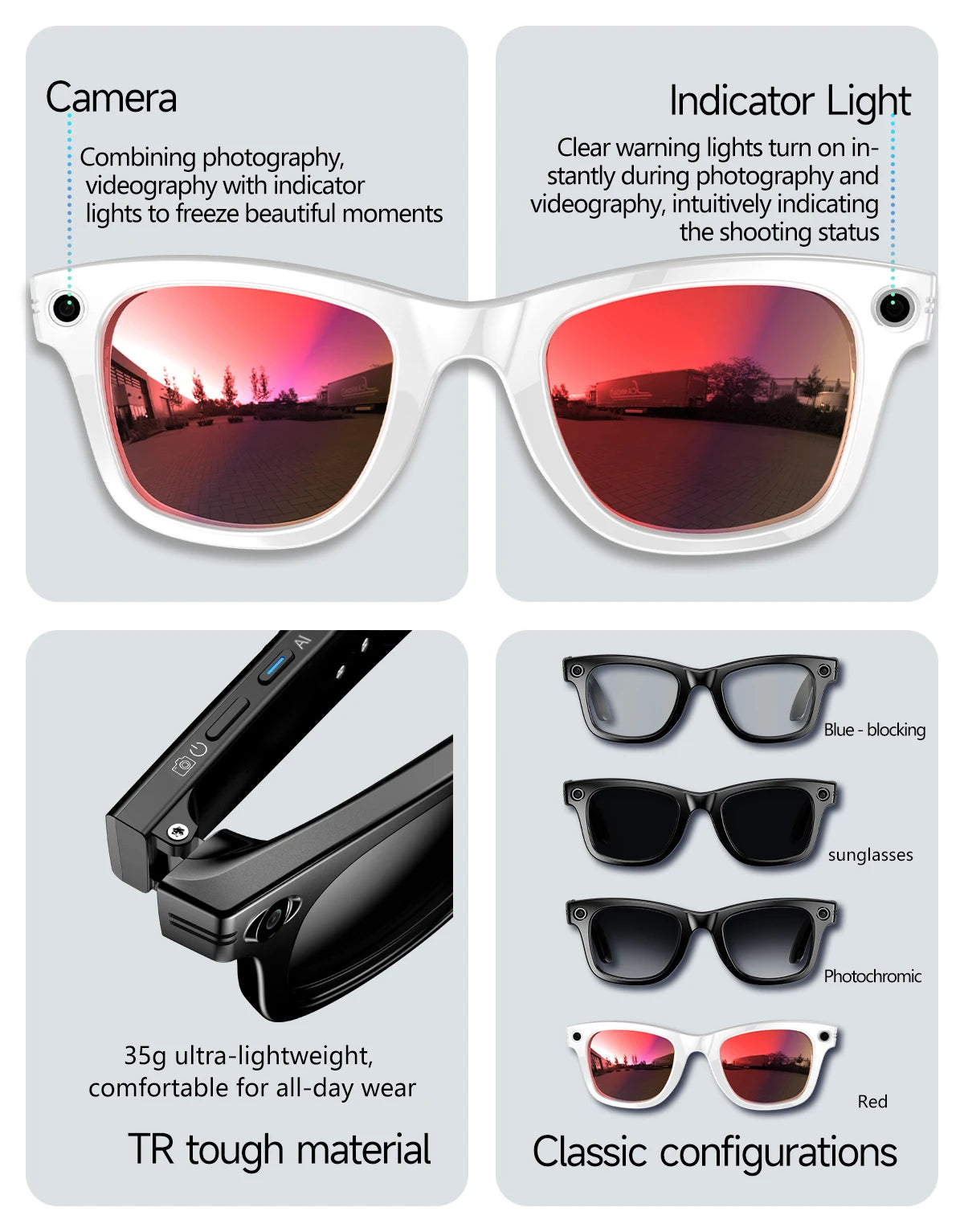 New Camera Glasses 800w Pixel 4K UHD Camera Recording Noise Reduction Ai Recognition Translation Anti Blue Light Smart Glasses