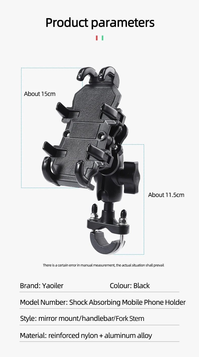 Motorcycle Bike Phone Holder w/ Shock Absorbe Handlebar Fork Stem Mount GPS Clip for 4.7-7.1 inch Shockproof Mobile Phone Stand - Nova Electronics