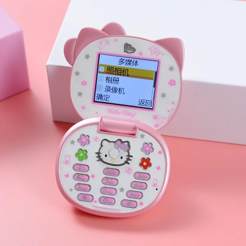 2024 New Kawaii Sanrio Hello Kitty Flip Phone Cartoon Cute Children White Pink Mini Phone Birthday Gifts For Kids Toys For Girls