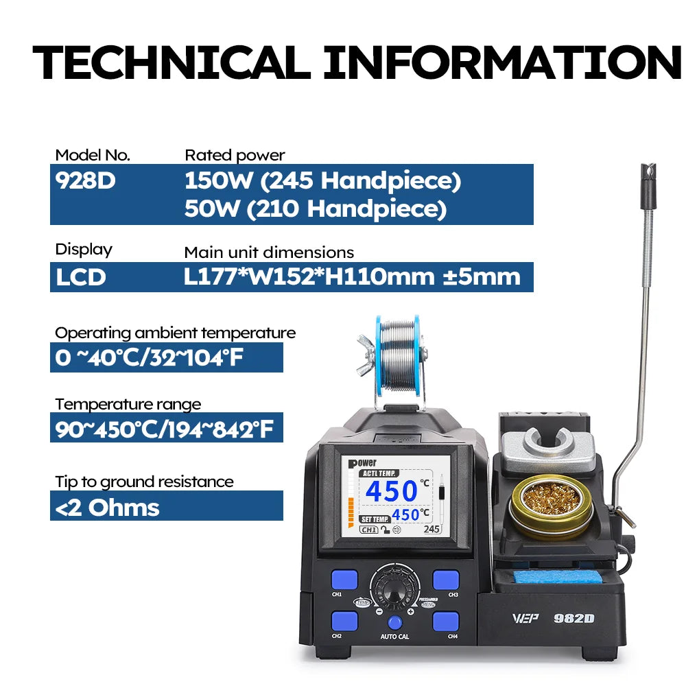 WEP 982D Precision Soldering Station 150W Rapid Heating Auto Calibration Professional Iron for SMD IC Repair C245 C210 982D-II - Nova Electronics