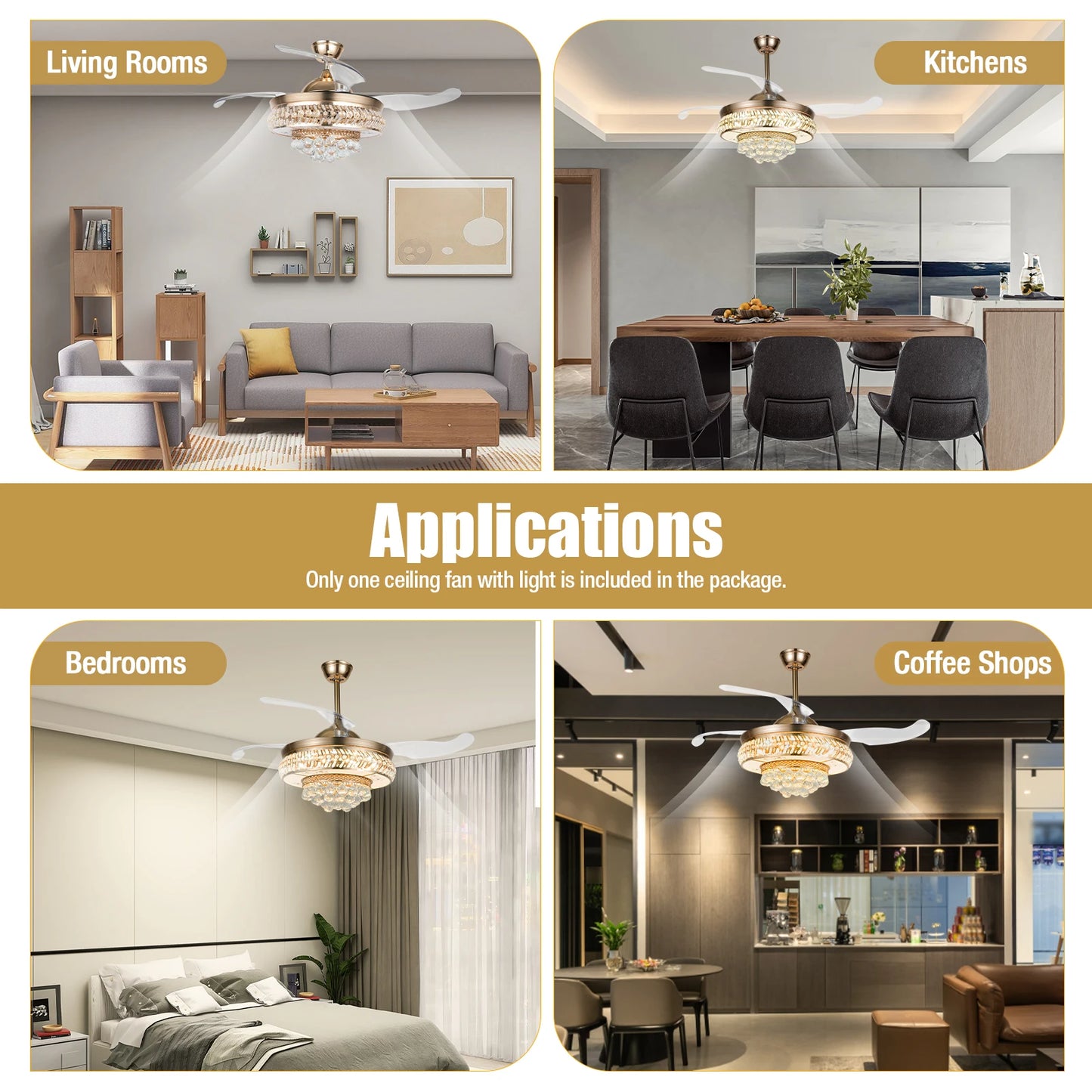 Retractable Crystal Ceiling Fan Light 42" Gold LED Chandelier with Remote Dimmable 3-Color Modes Quiet & Elegant for Modern Interiors - Nova Electronics