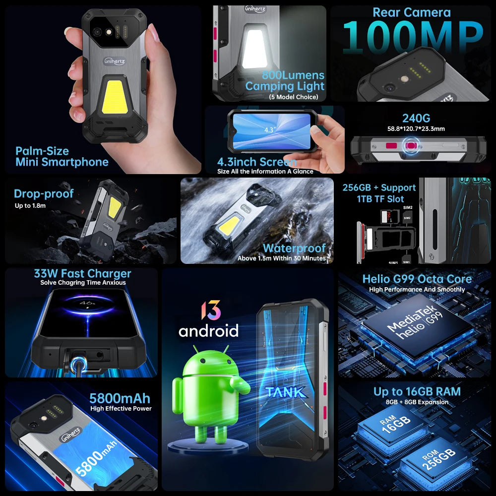Unihertz 8849 Tank Mini Rugged Smartphone 4.3 Inch Display Android 13 5800mAh 24GB 256GB Helio G99 Octa Core 100MP Cameras IP68 - Nova Electronics