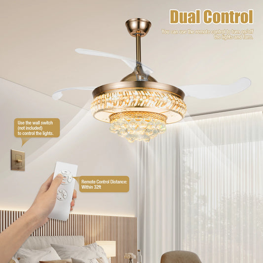 Retractable Crystal Ceiling Fan Light 42" Gold LED Chandelier with Remote Dimmable 3-Color Modes Quiet & Elegant for Modern Interiors - Nova Electronics