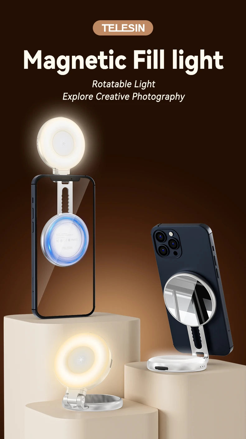 TELESIN Magnetic Fill Light Mini Selfie Light 3 Modes Adjustable Brightness for Smartphone Iphone XIAOMI HUAWEI SAMSUNG Phone