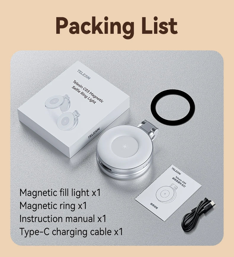 TELESIN Magnetic Fill Light Mini Selfie Light 3 Modes Adjustable Brightness for Smartphone Iphone XIAOMI HUAWEI SAMSUNG Phone
