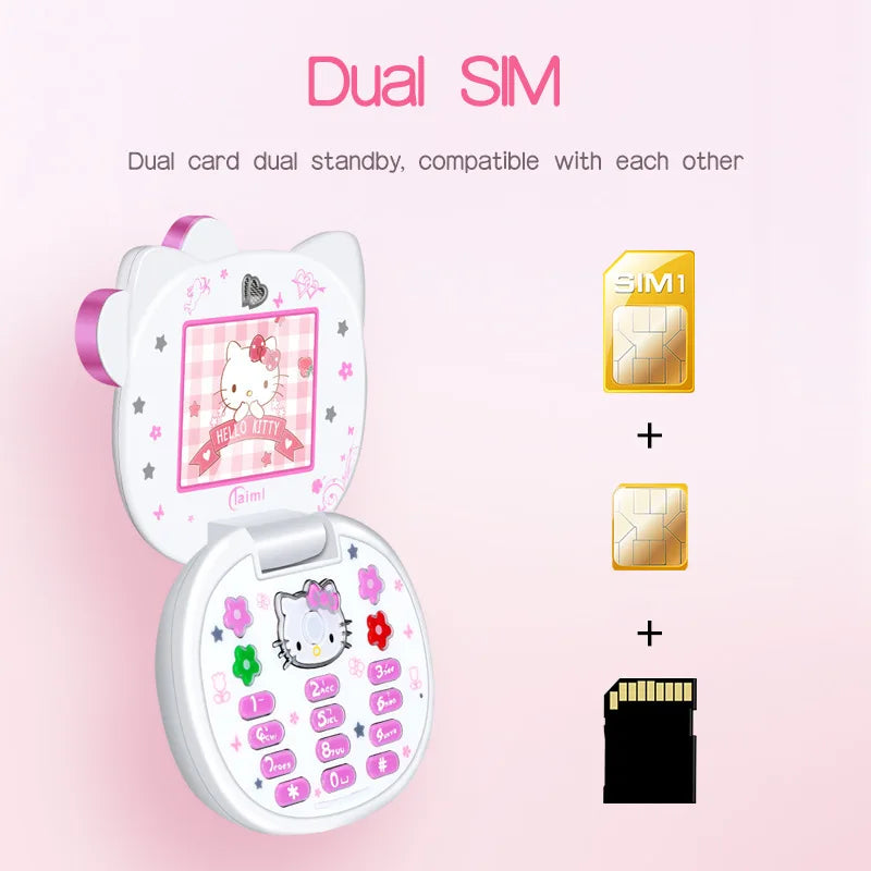 2024 New Kawaii Sanrio Hello Kitty Flip Phone Cartoon Cute Children White Pink Mini Phone Birthday Gifts For Kids Toys For Girls