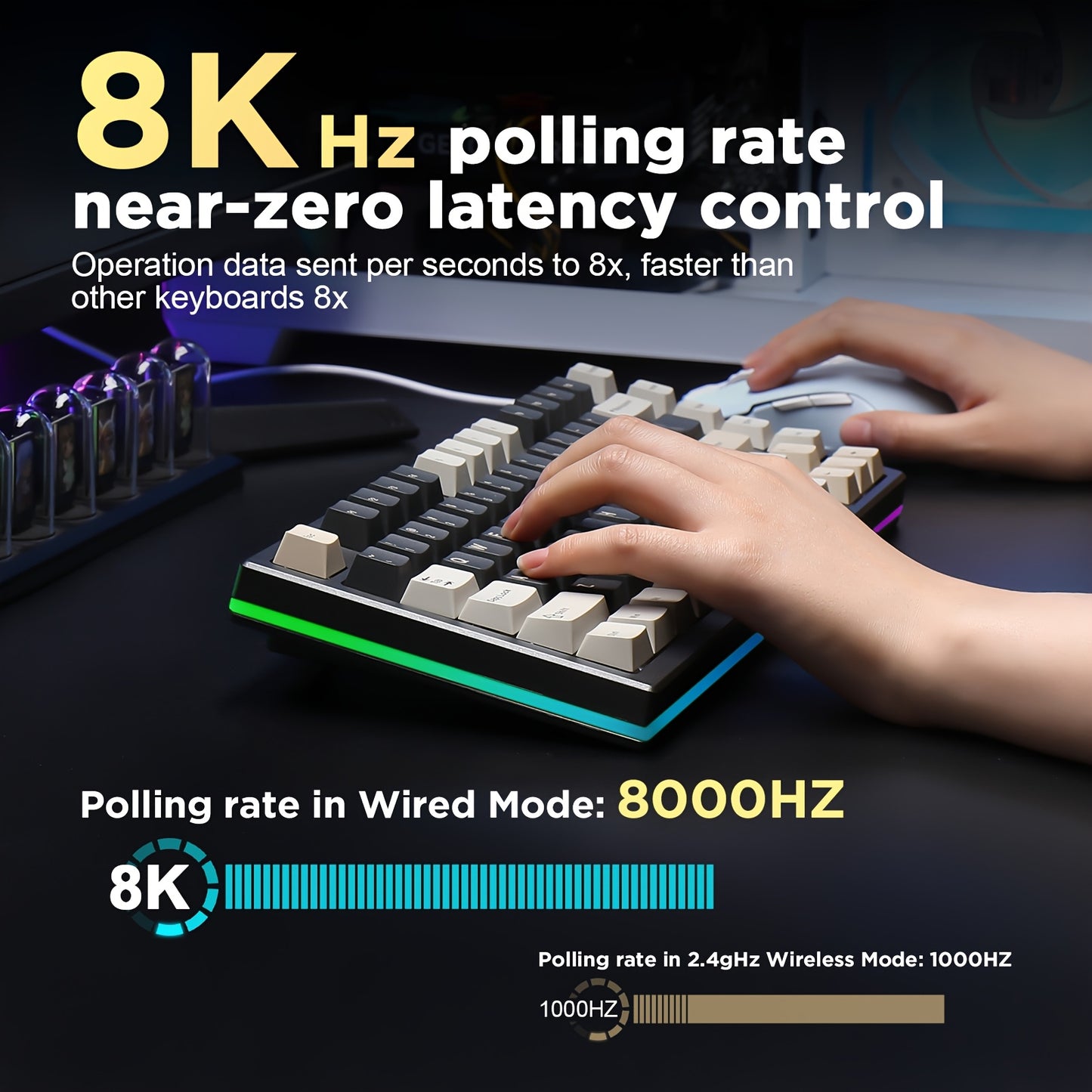 YUNZII RT80 Black Rapid Trigger Hall Effect Magnetic Gaming Keyboard, 8K Polling Rate, 75% Layout, BT/2.4GHz/Wired, RGB Backlit, Gasket Hot Swap, Adjustable Actuation Wireless for Win/Mac