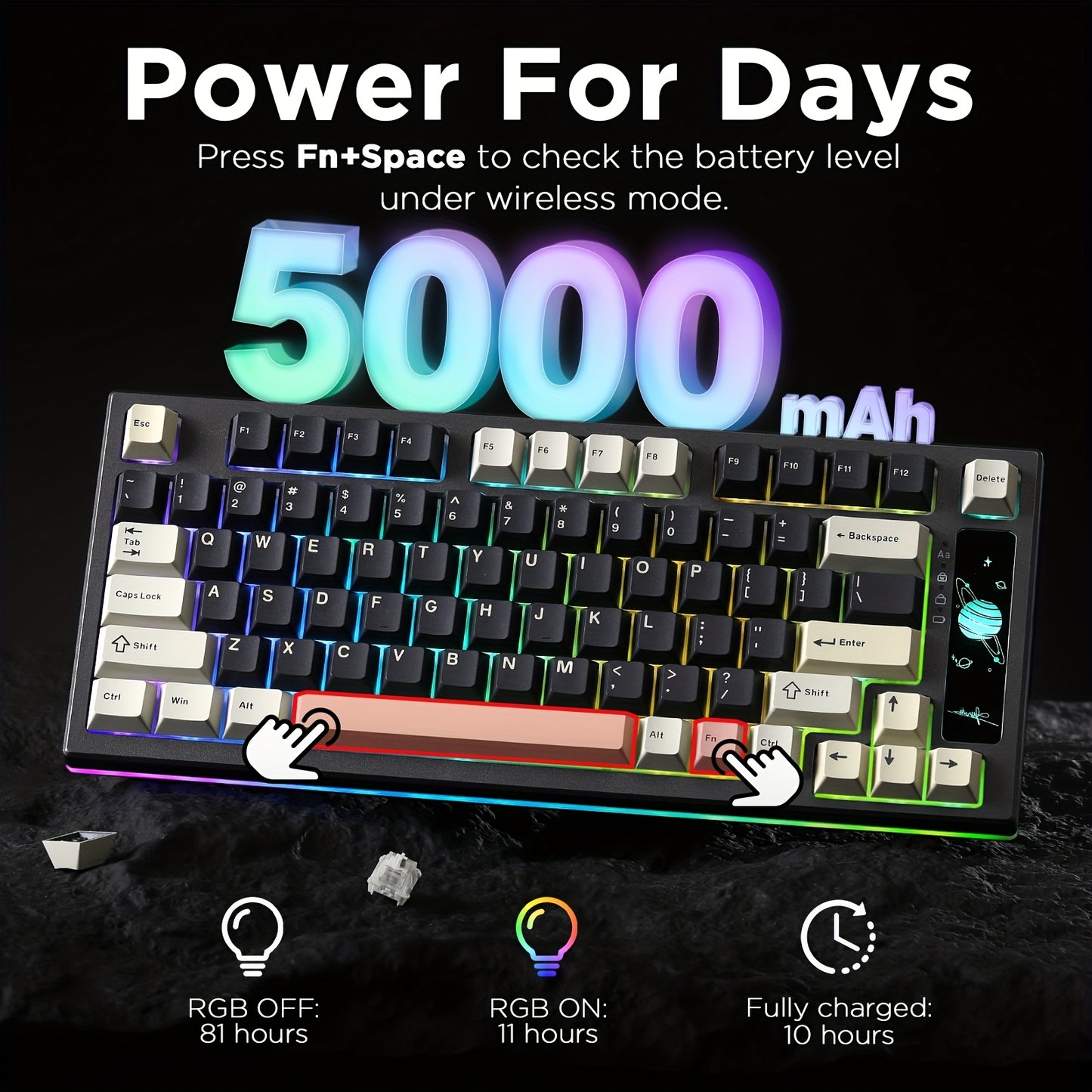 YUNZII RT80 Black Rapid Trigger Hall Effect Magnetic Gaming Keyboard, 8K Polling Rate, 75% Layout, BT/2.4GHz/Wired, RGB Backlit, Gasket Hot Swap, Adjustable Actuation Wireless for Win/Mac