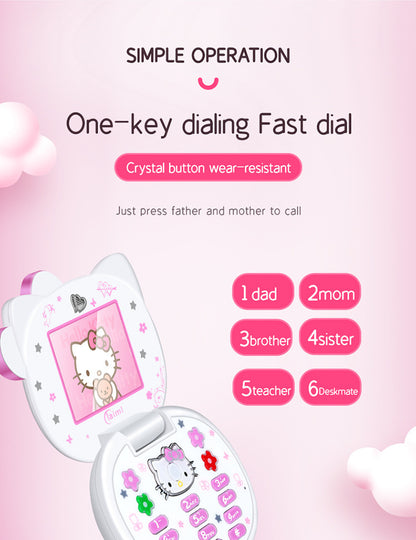 2024 New Kawaii Sanrio Hello Kitty Flip Phone Cartoon Cute Children White Pink Mini Phone Birthday Gifts For Kids Toys For Girls