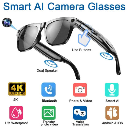 K HD AI Smart Glasses Voice Assistant ChatGPT Camera 100MP Bluetooth Calling 260mAh 30+ Hour Battery WiFi NFC Connectivity Android Compatible Hands-Free Recording Music Control Smart Eyewear