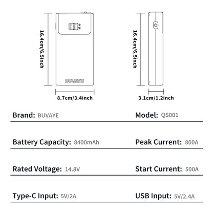 BUVAYE Portable Car Jump Starter 8000-10000mAh Battery Booster 800A Peak Current 12V Emergency Power Bank USB Charger LED Flashlight SOS Lighting Kit for Gas Diesel Engines Auto Safety Tool