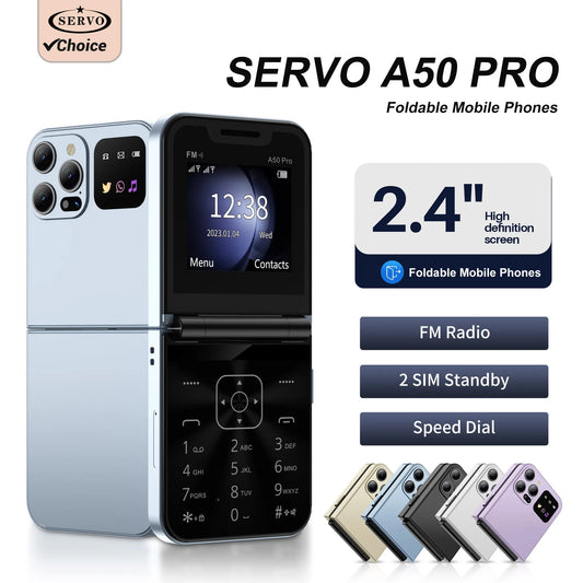 SERVO A50 Pro Foldable Mobile Phone Dual SIM Card GSM Electric Torch Automatic Call Recording 2.4 Inch Screen Cellphone Type-C