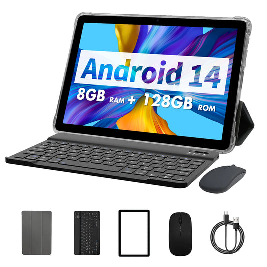 10.1" Android 14 Tablet with Keyboard & Stylus – 8GB RAM, 128GB Storage, Octa-Core, 8000mAh Battery, Dual Cameras, HD IPS Display, WiFi, Google Certified (Includes Case & Mouse) - Nova Electronics