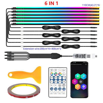 10/6/4/2/1 IN 1 Car Full RGB LED Ambient Rainbow Light Strip/ USB Dream Symphon music Atmosphere Lamp with App Remote Control