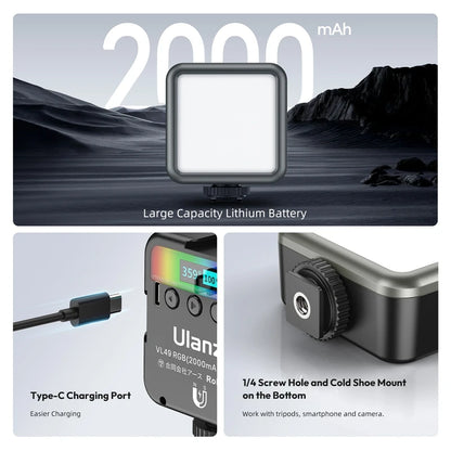 Ulanzi VL49 RGB Mini Pocket RGB Video Light Fill Light for DSLR Camera Smartphone Photography Live Streaming 2500-9000K 2000mAh