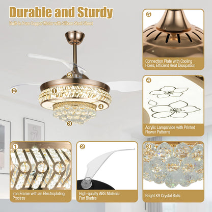 Retractable Crystal Ceiling Fan Light 42" Gold LED Chandelier with Remote Dimmable 3-Color Modes Quiet & Elegant for Modern Interiors - Nova Electronics