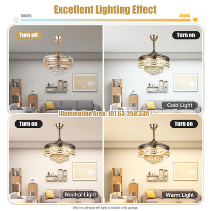 Retractable Crystal Ceiling Fan Light 42" Gold LED Chandelier with Remote Dimmable 3-Color Modes Quiet & Elegant for Modern Interiors - Nova Electronics